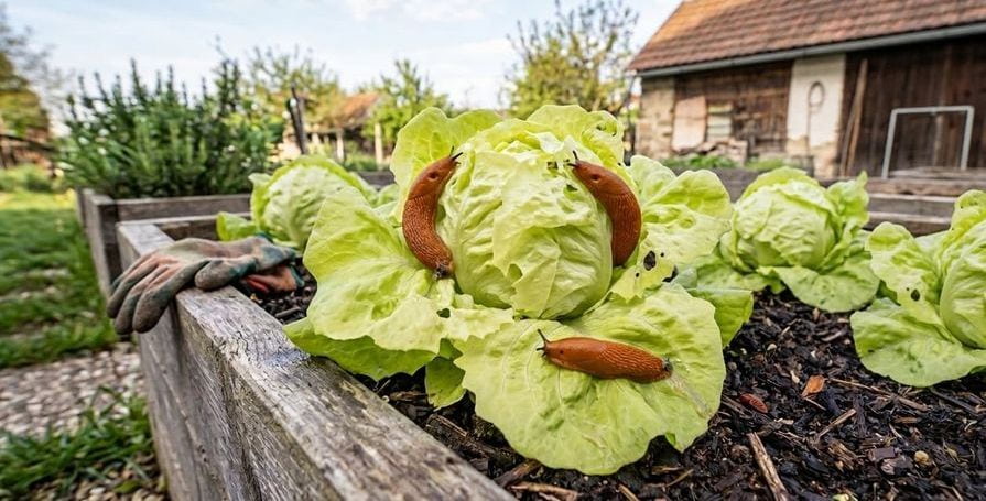 Slimáci požírající listový salát rostoucí ve vyvýšeném záhonu.