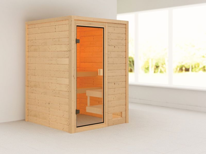 Finská sauna do bytu Karibu Sandra v pokoji s bílou podlahou