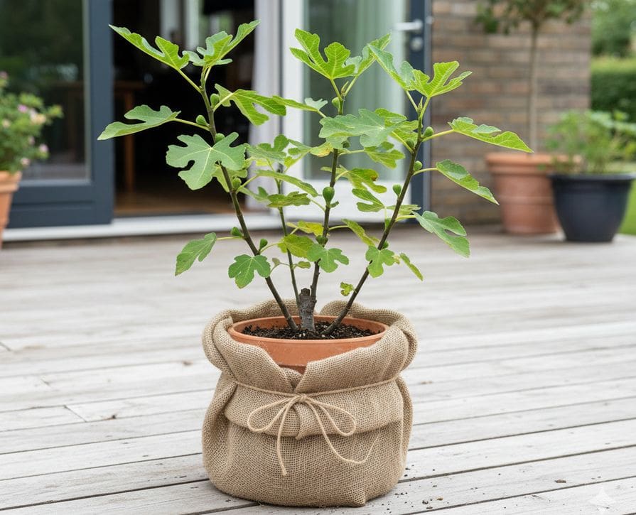 Fíkovník v květináči obaleném jutovinou