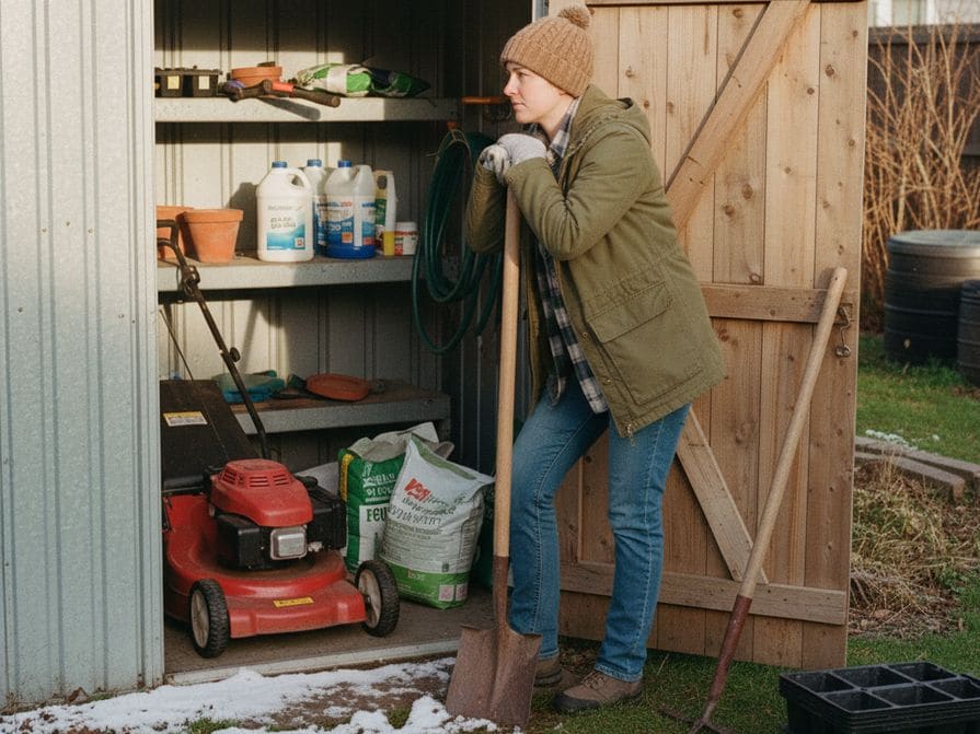 Žena opírající se o lopatu u zahradního domku