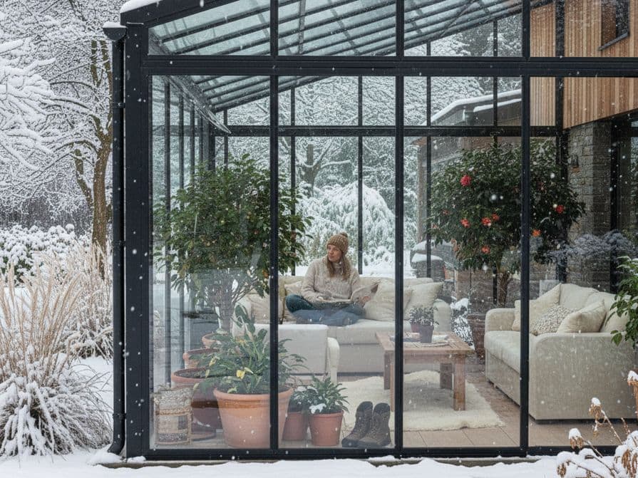 Žena sedící na sofa v zimní zahradě
