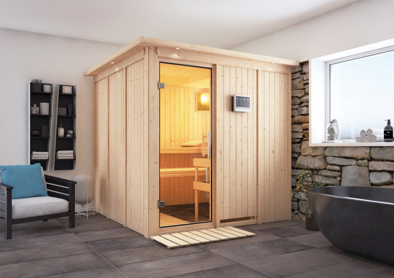 Domácí finská sauna (75730) Karibu Selena, rozměry 196 × 196 cm