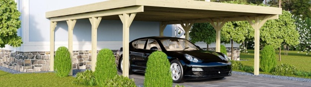 Přístřešek na auto (carport) se zaparkovaným černým automobilem