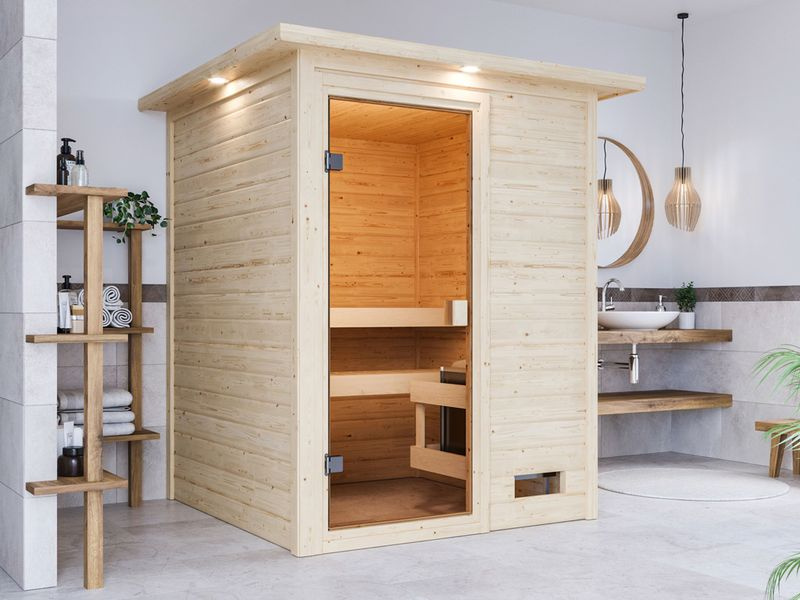 Finská domácí sauna (6160) Karibu Sandra, rozměry 145 × 145 cm