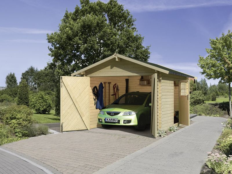 GEOMAT Dřevěná garáž – Karibu natur (stěna 28 mm)