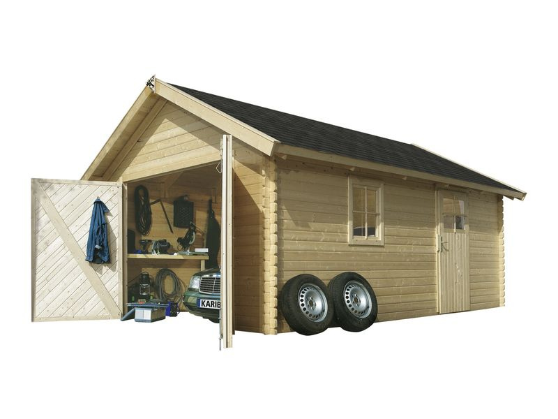 Dřevěná garáž (43545) Karibu natur (stěna 40 mm), rozměry 3,87 × 5, 37 m