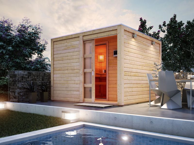 Venkovní finská sauna s předsíní (80796) Karibu Cuben, rozměry 276 × 276×210 cm (přírodní dřevo)