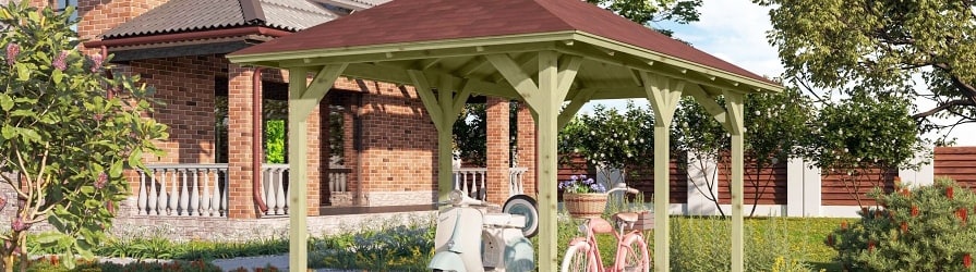 Zahradní altán poblíž cihlového rodinného domu